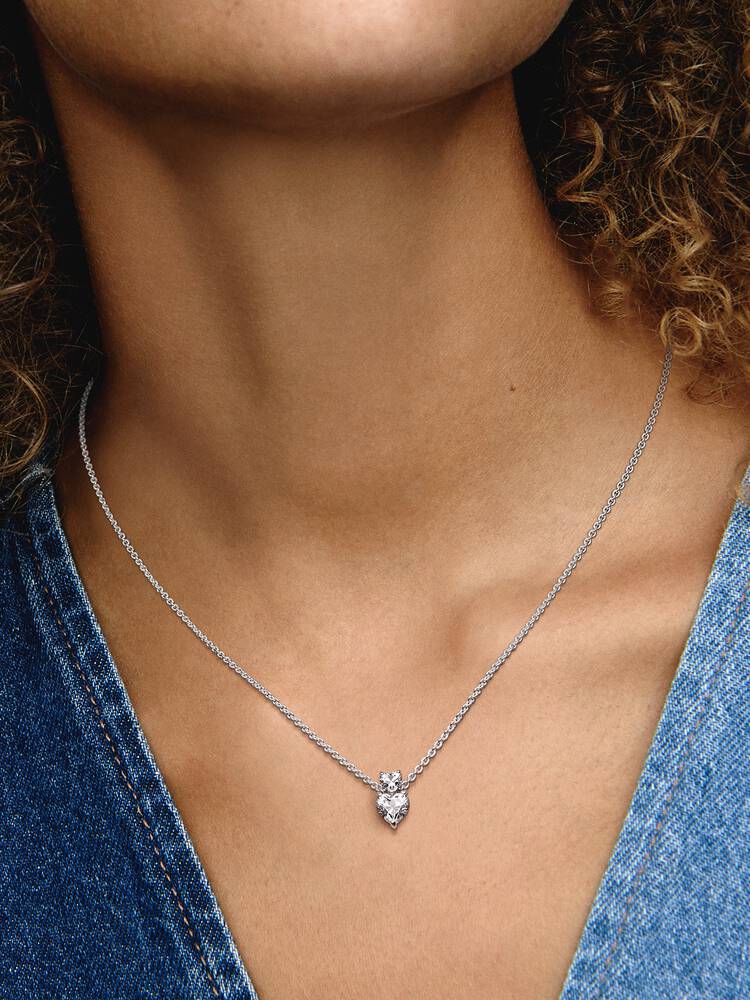 Pandora Double Heart Pendant Sparkling Collier Necklace
