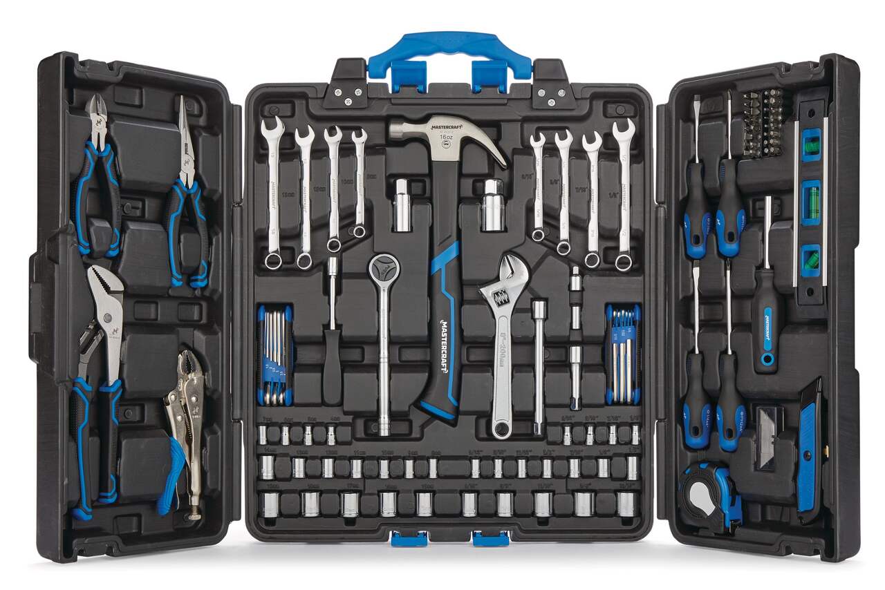 Open tool case with various tools including wrenches, screwdrivers, and pliers on a white background