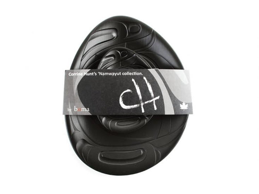 Black object with 'CH' branding on a white background