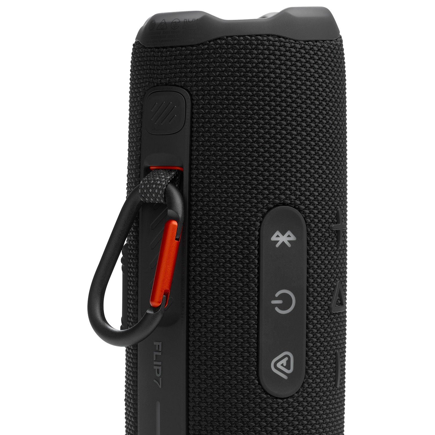 Black portable speaker with control buttons and carabiner on a white background
