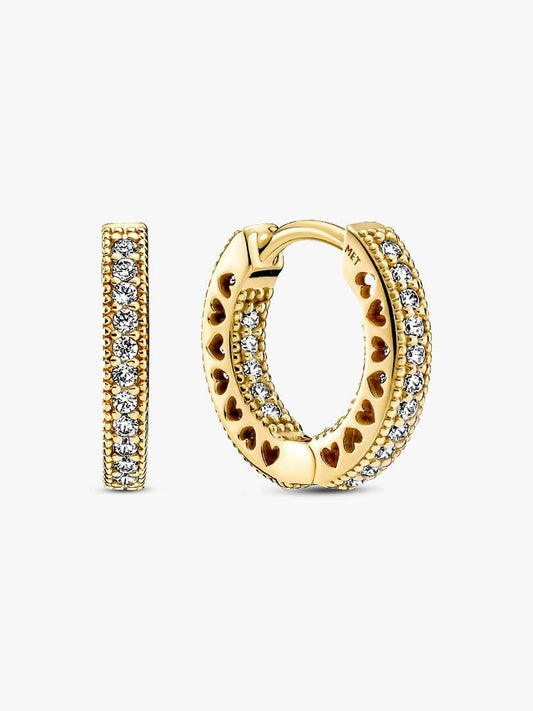 Gold hoop earrings with heart and diamond details on a white background