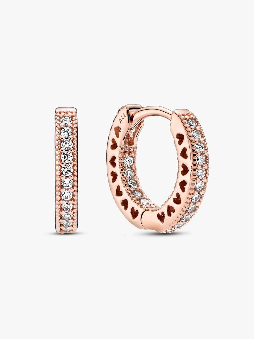 Rose gold hoop earrings with heart and diamond details on a white background