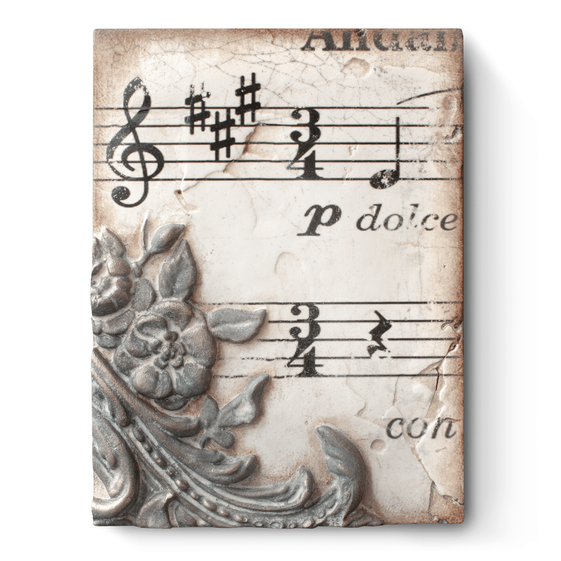 Decorative wall art with musical notes and floral design on a textured background