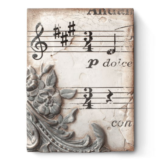 Decorative wall art with musical notes and floral design on a textured background