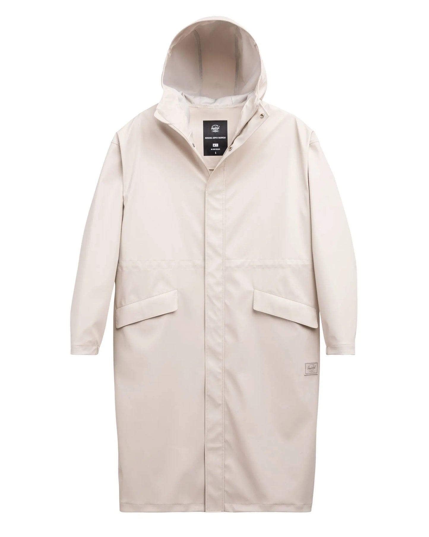 Beige long coat with a hood on a white background