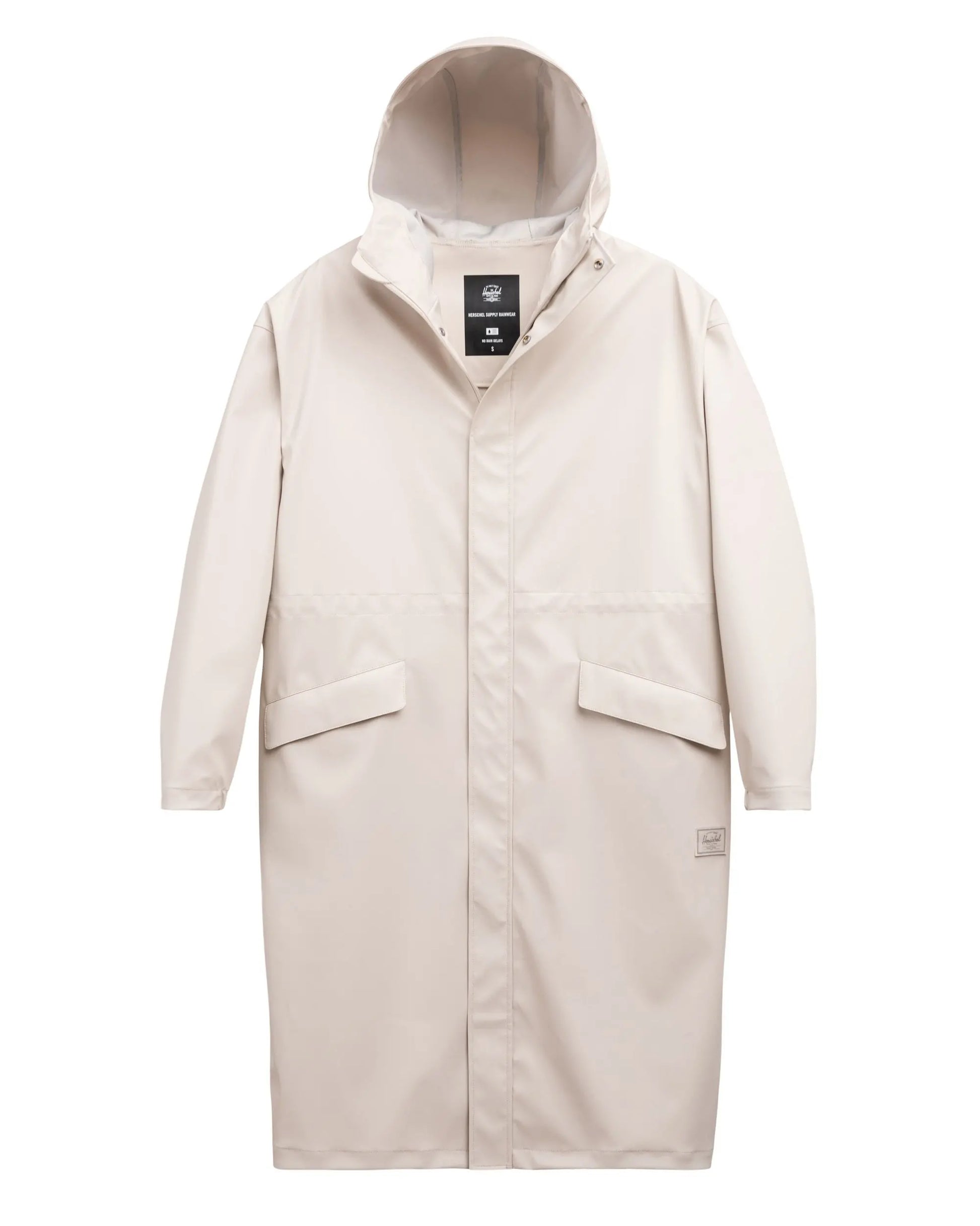 Beige long coat with a hood on a white background