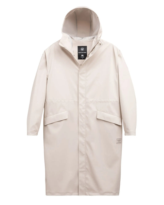 Beige long coat with a hood on a white background