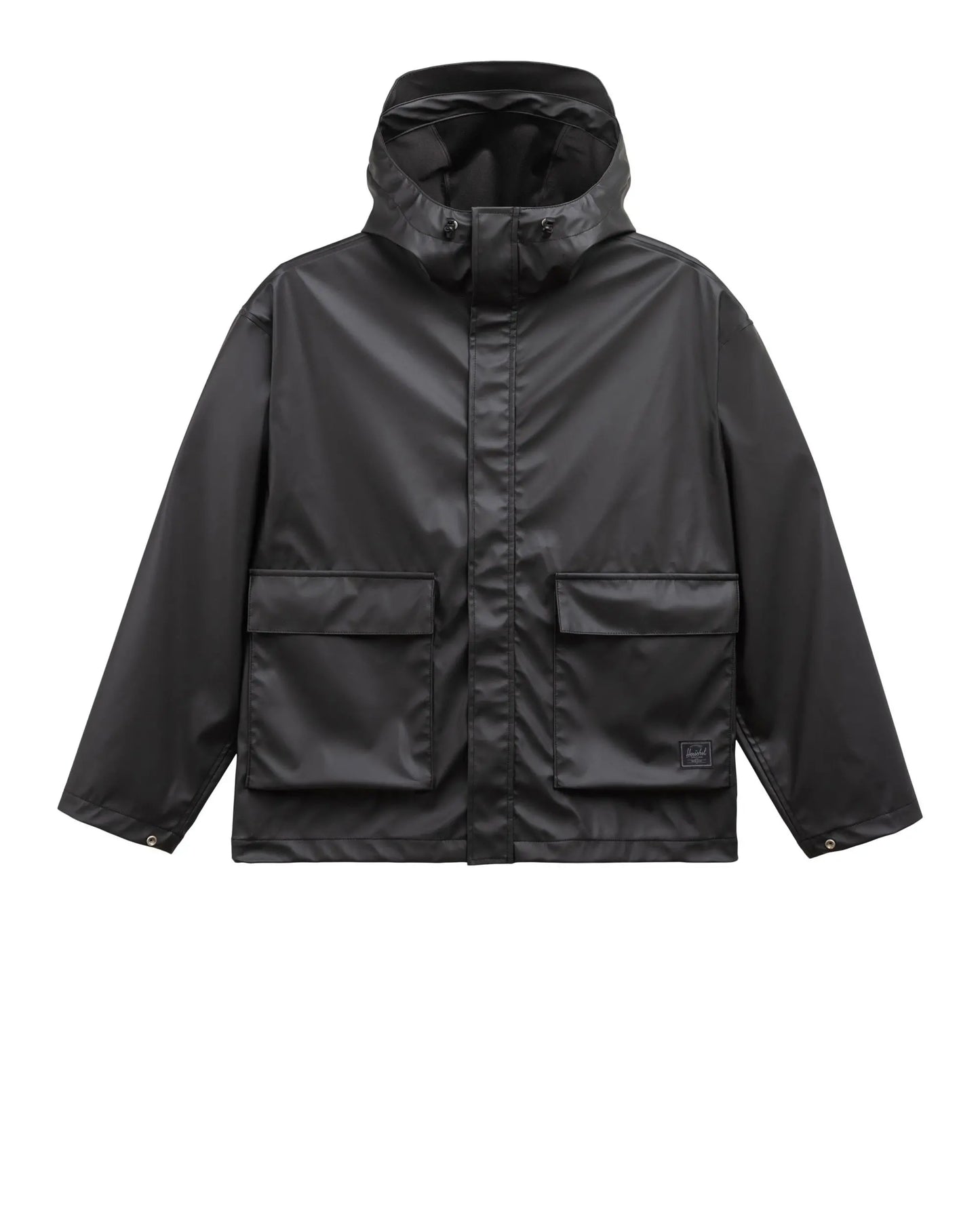 Black raincoat with two front pockets on a white background