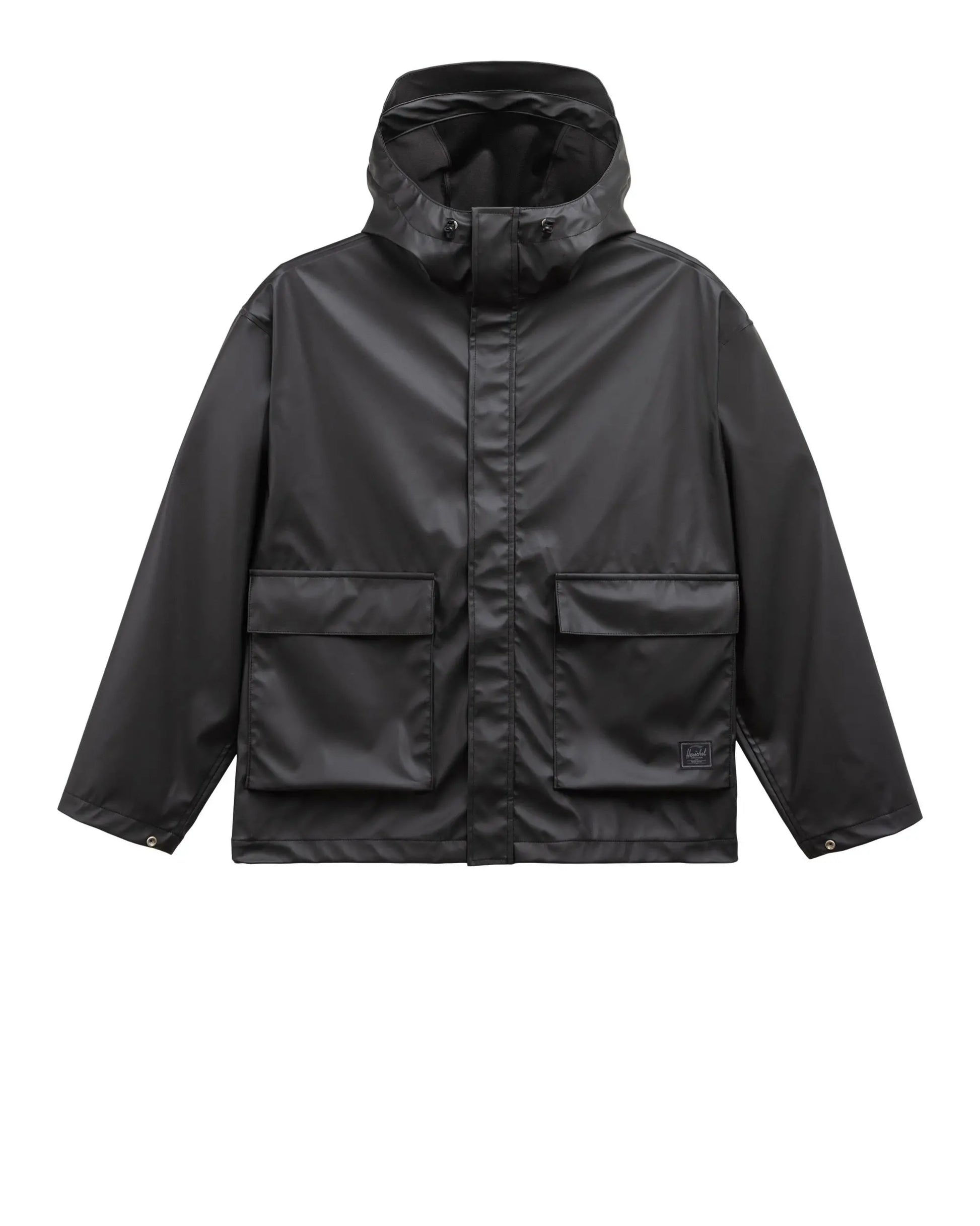 Black raincoat with two front pockets on a white background