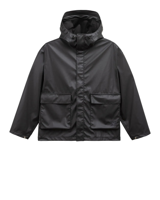 Black raincoat with two front pockets on a white background