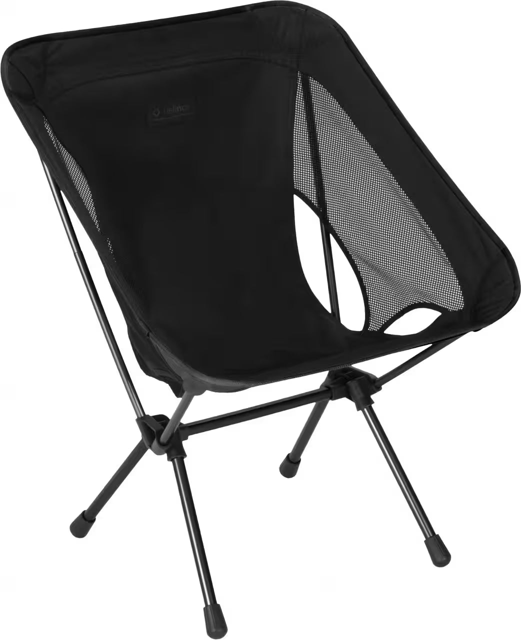 Black camping chair with mesh back on a white background