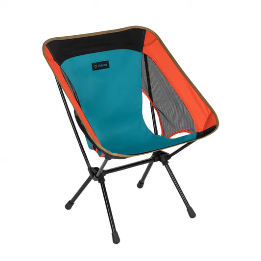 Colorful camping chair with a brand logo on a white background