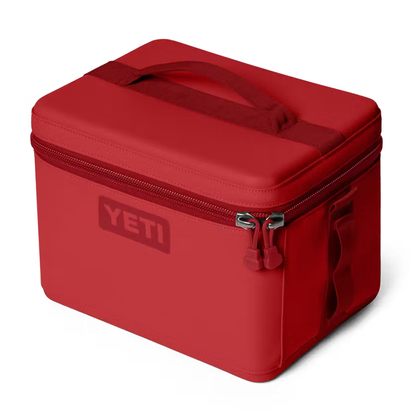 Red cooler bag with YETI logo on a white background