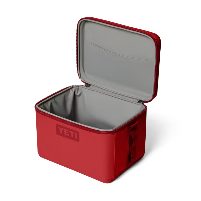 Red YETI cooler with open lid on a white background