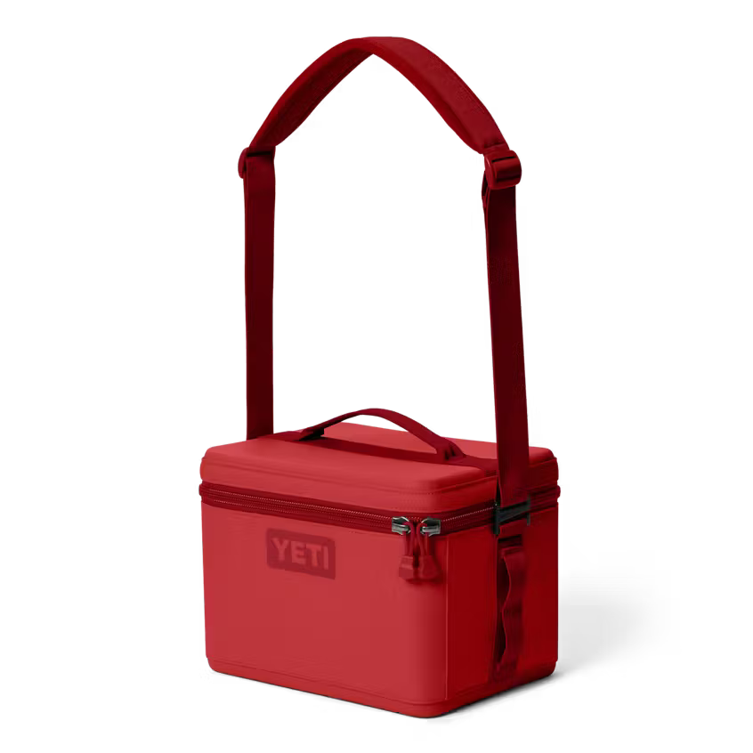 Red YETI cooler bag with a handle on a white background