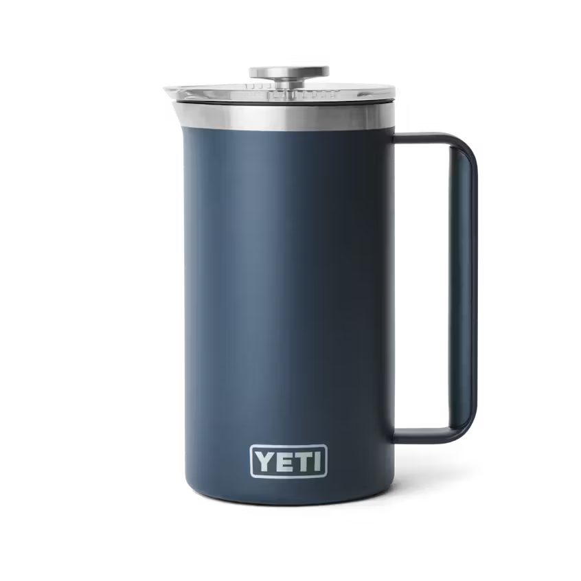 Navy YETI mug with a handle on a white background