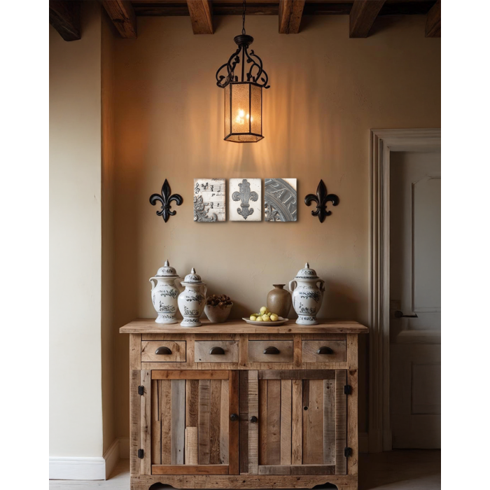 Wooden sideboard with decorative tile against a beige wall with wall art and lighting fixture.
