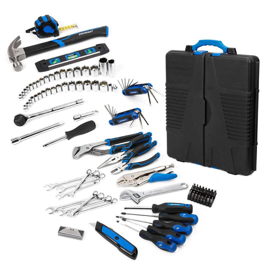 Assorted tools including a hammer, wrenches, and pliers laid out on a white background with a black tool case.
