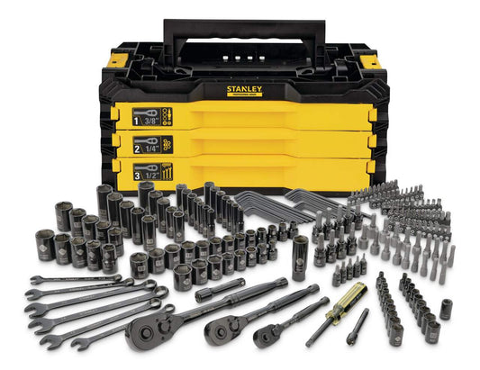 Stanley tool set with various tools and a black and yellow toolbox on a white background