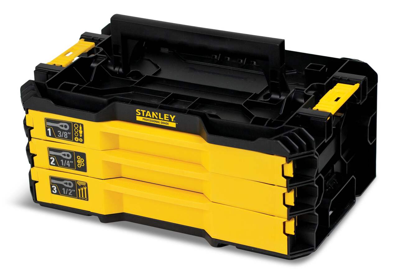 Black and yellow Stanley toolbox on a white background